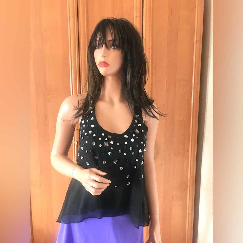 Ultra Pink see through top with gems detailing in black color. Sz M brand new.